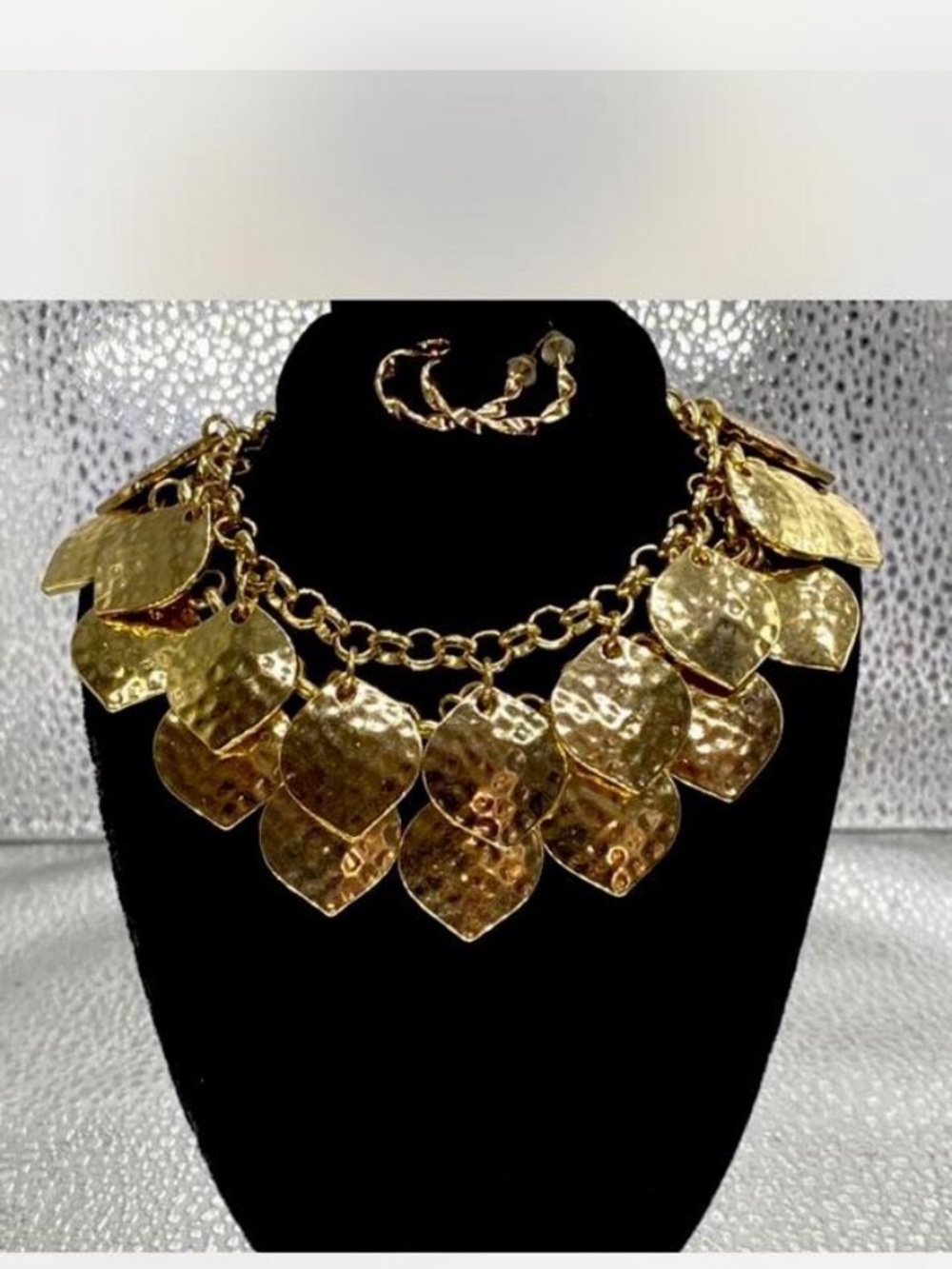 *** Gold Hammered ^^^ Leaf Statement Necklace /  Earrings ***